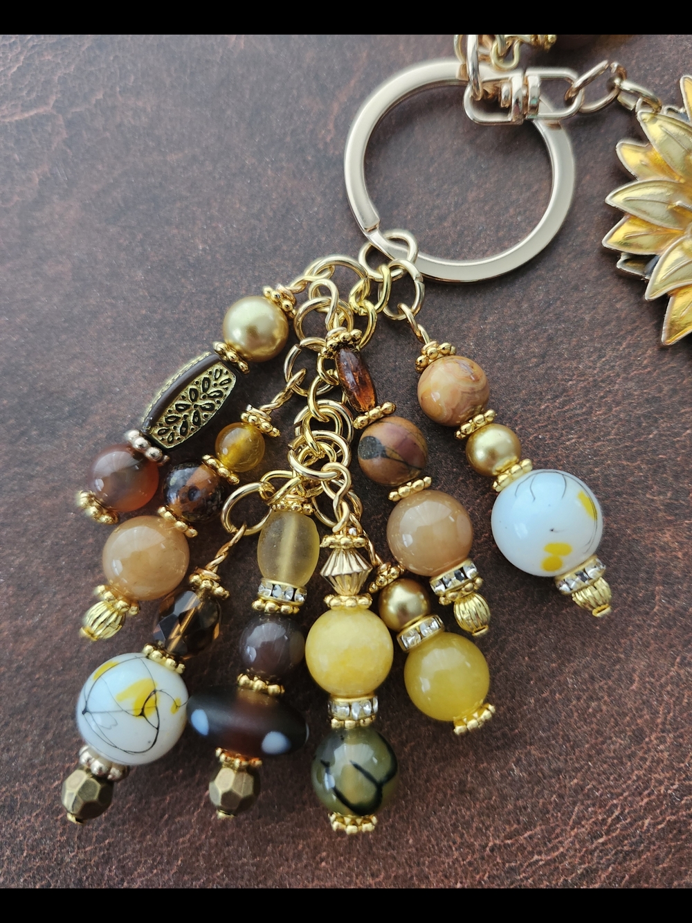 Sunflower Purse Charm or Keychain Jasper Agate Stone Glass Handcrafted - Picture 3 of 5